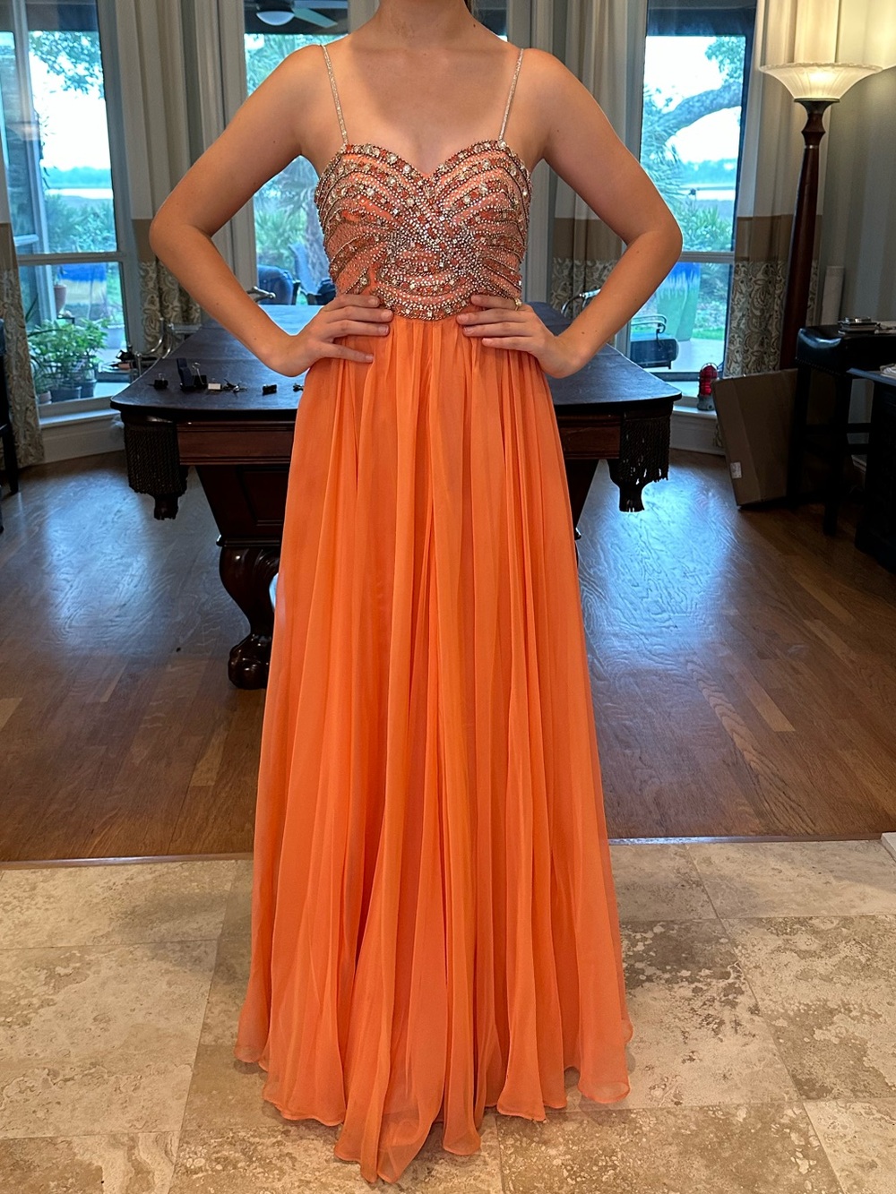 Sherri Hill Orange Beaded Spaghetti-Strap Gown